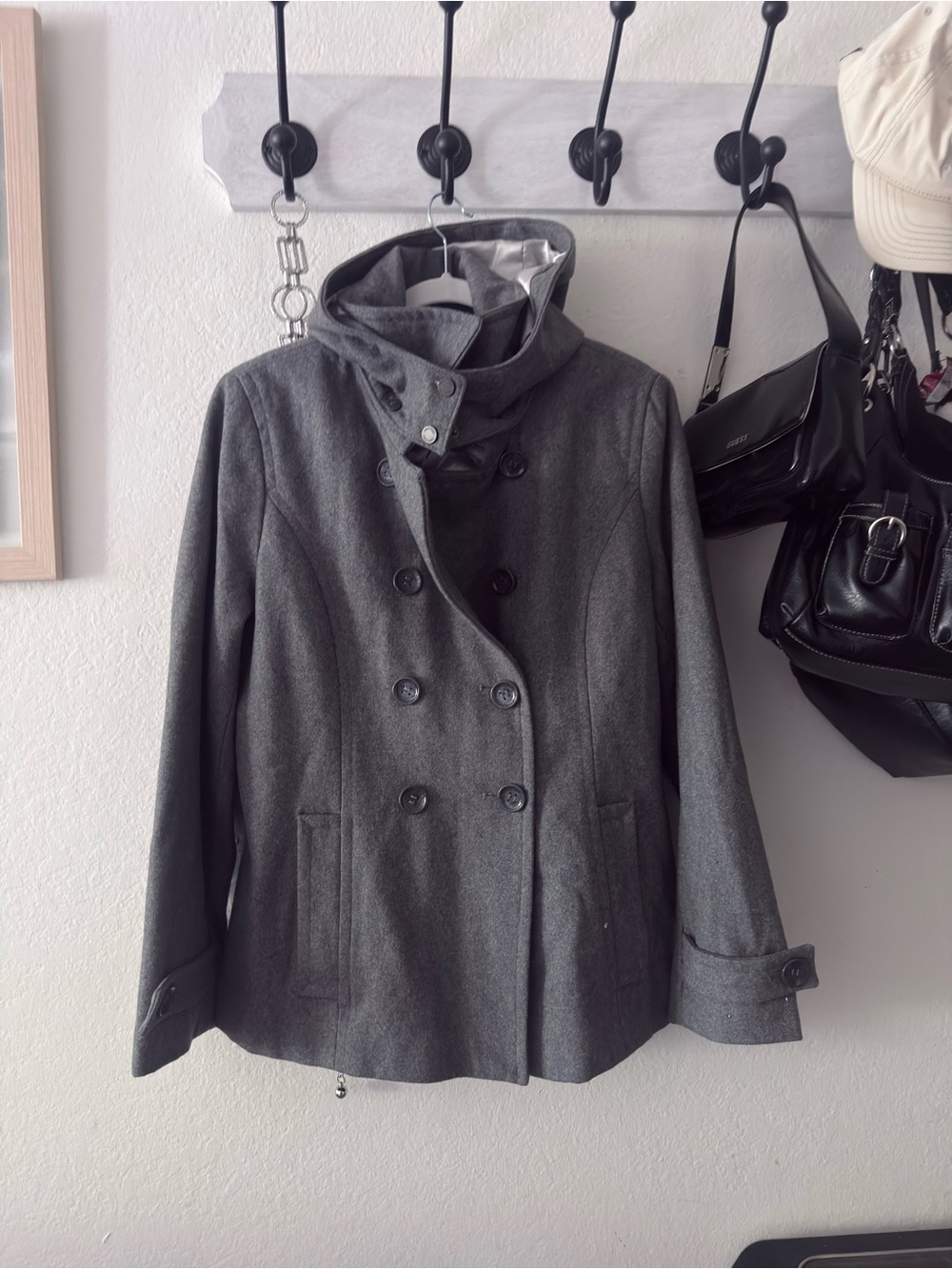 Calvin Klein Gray Double-Breasted Hooded Peacoat